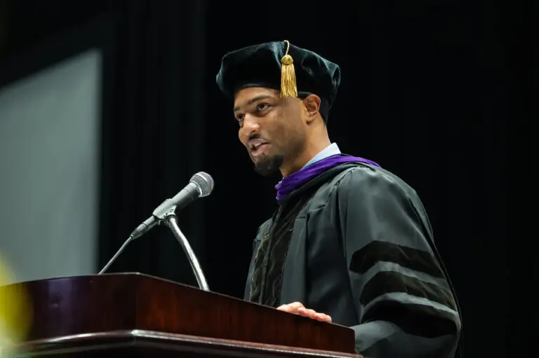 photo of Josh Gilliard giving commencement speech at Johnson & Wales